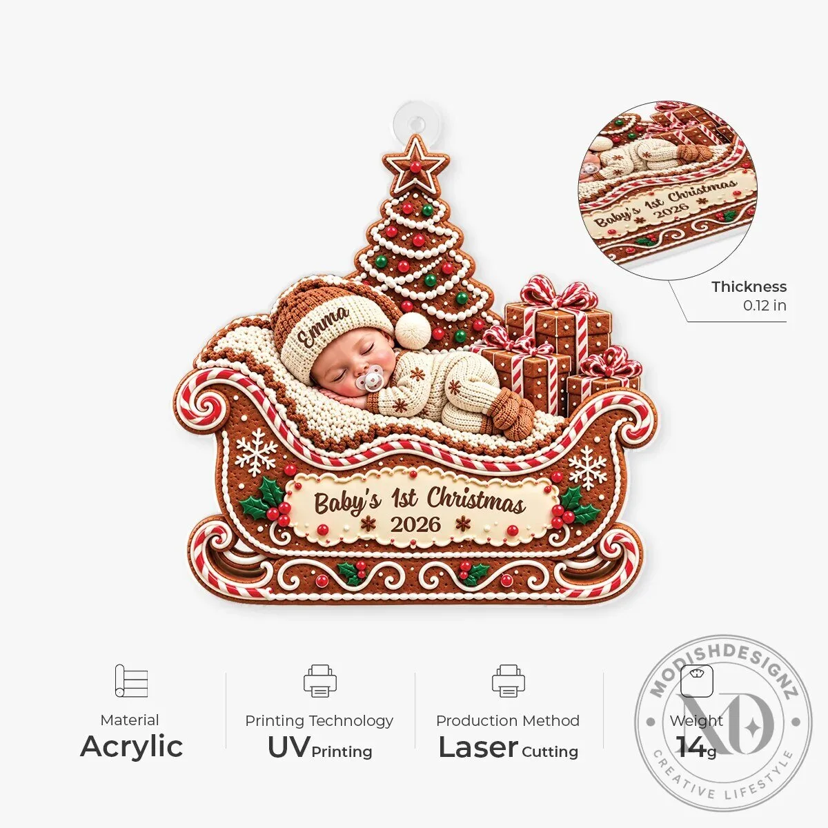 Personalized Baby's First Christmas 2026 Gingerbread Sleigh Ornament 12 Personalized Baby