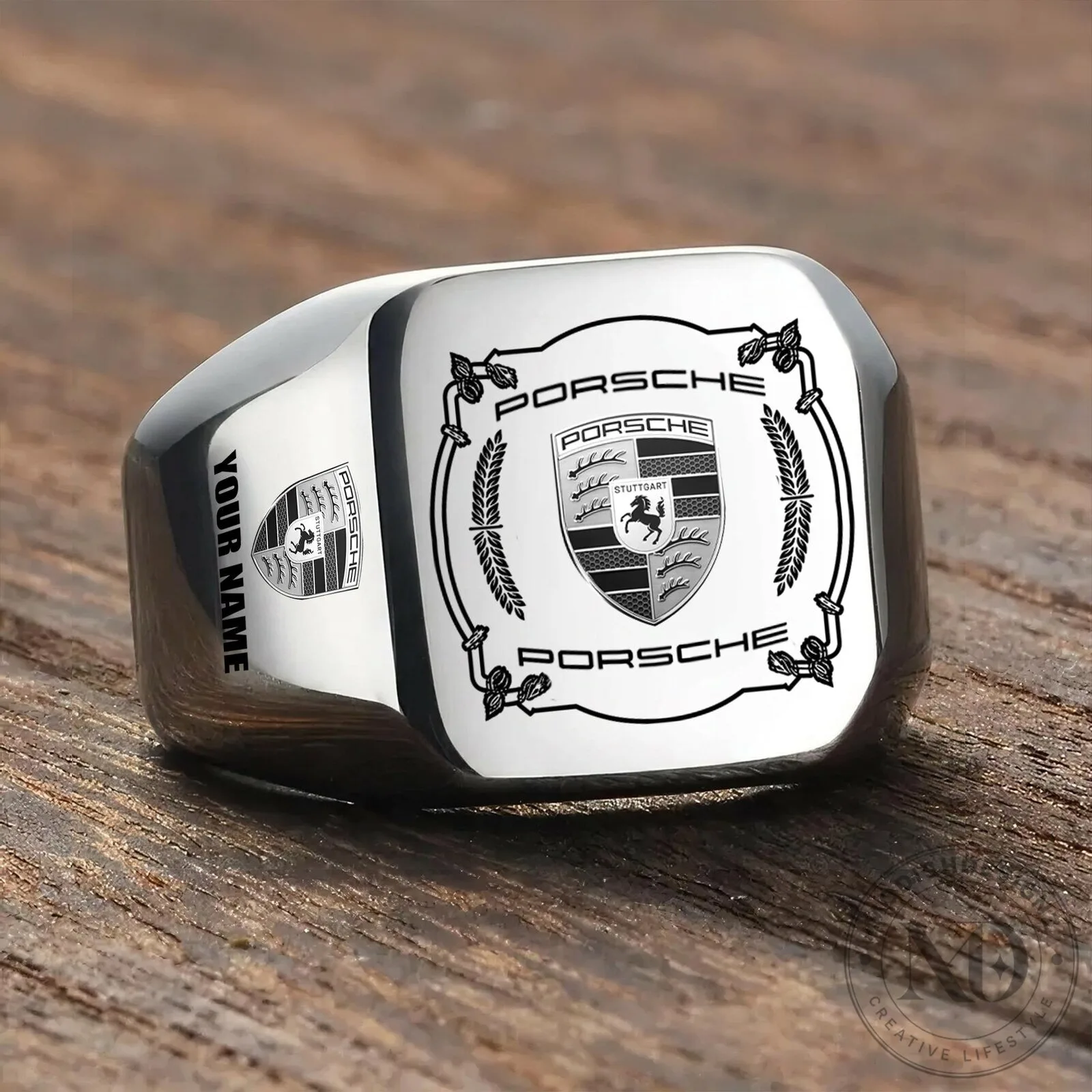 Porsche Stuttgart Custom Engraved Silver Signet Ring for Men