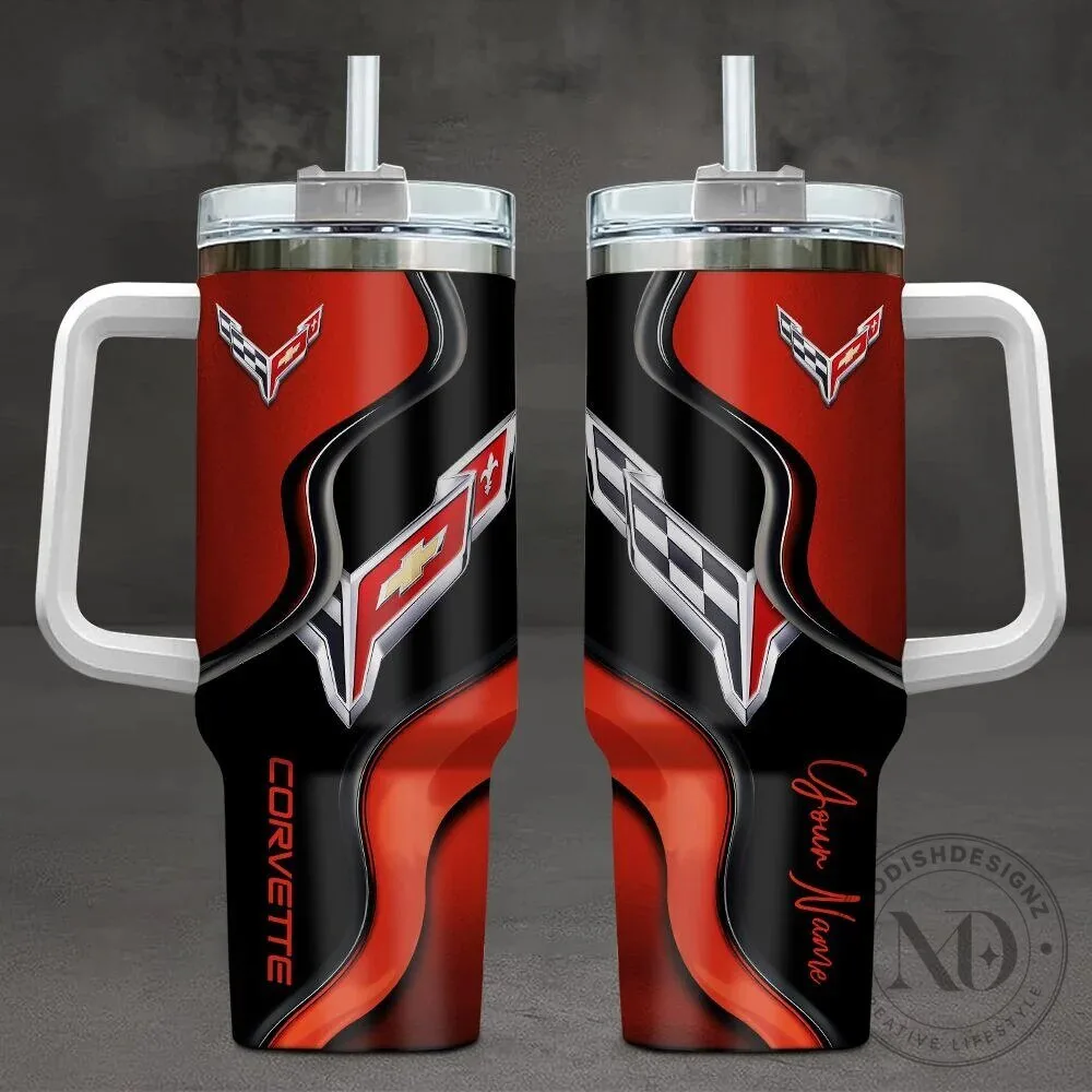 Corvette Red and Black Custom Name Insulated Stainless Steel Tumbler with Handle
