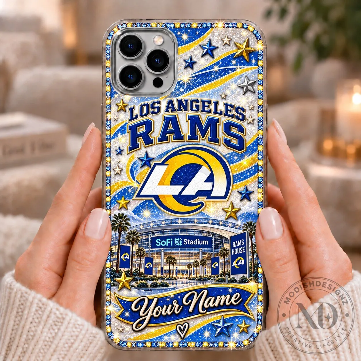 Los Angeles Rams SoFi Stadium Custom Name Glitter Sparkle Phone Case
