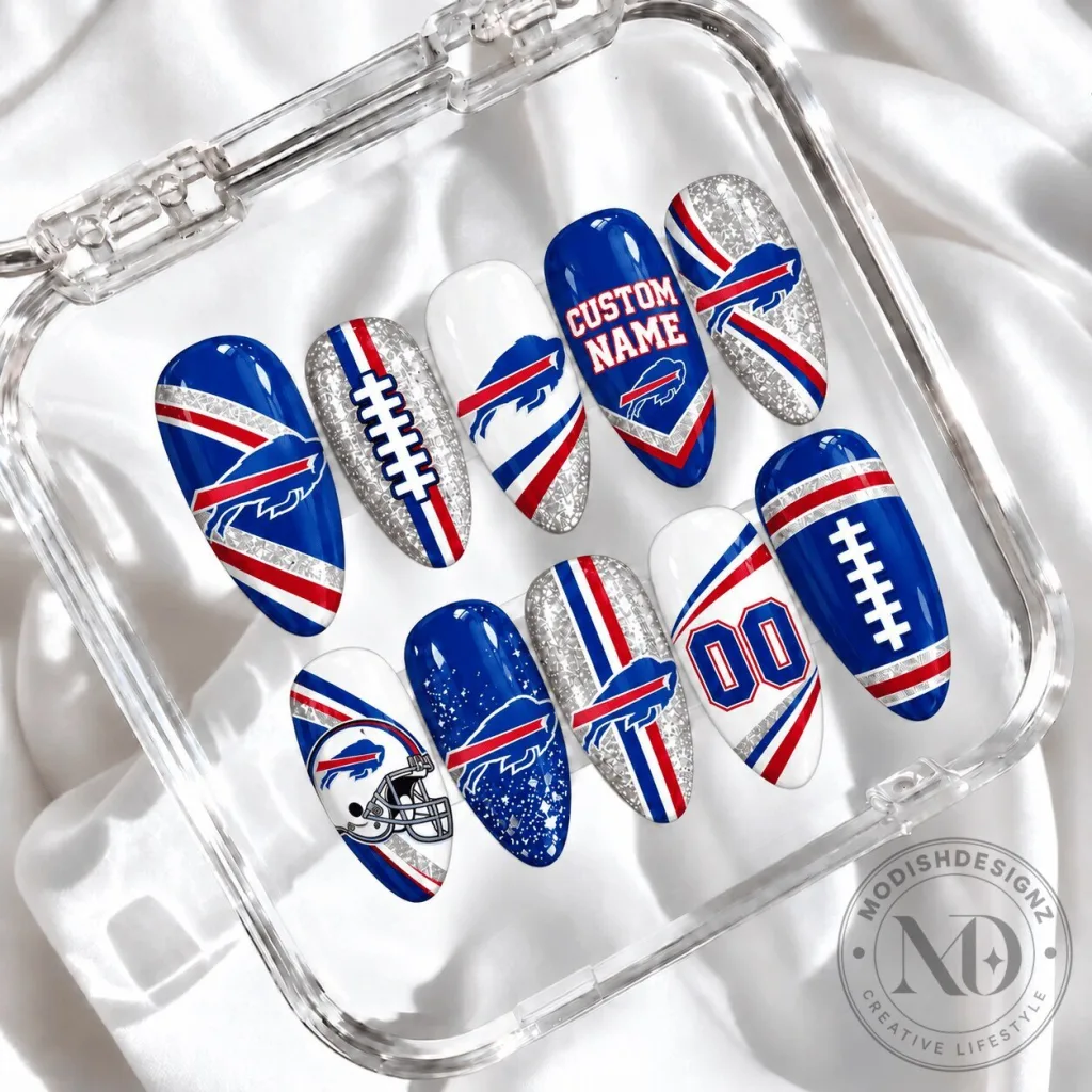 Buffalo Bills Football Team Custom Name Glitter Design Press-On Nails Set Buffalo Bills Football Team Custom Name Glitter Design Press-On Nails Set