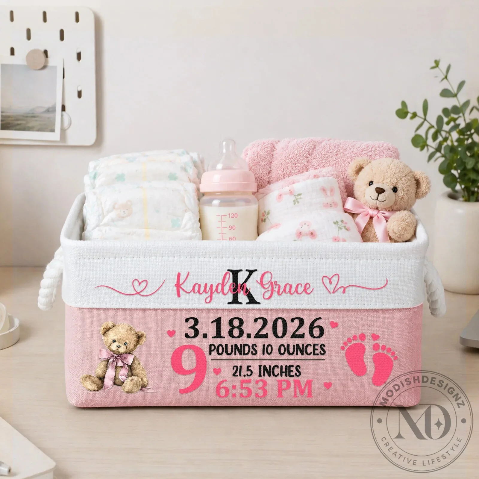 Personalized Baby Girl Birth Announcement Nursery Storage Basket