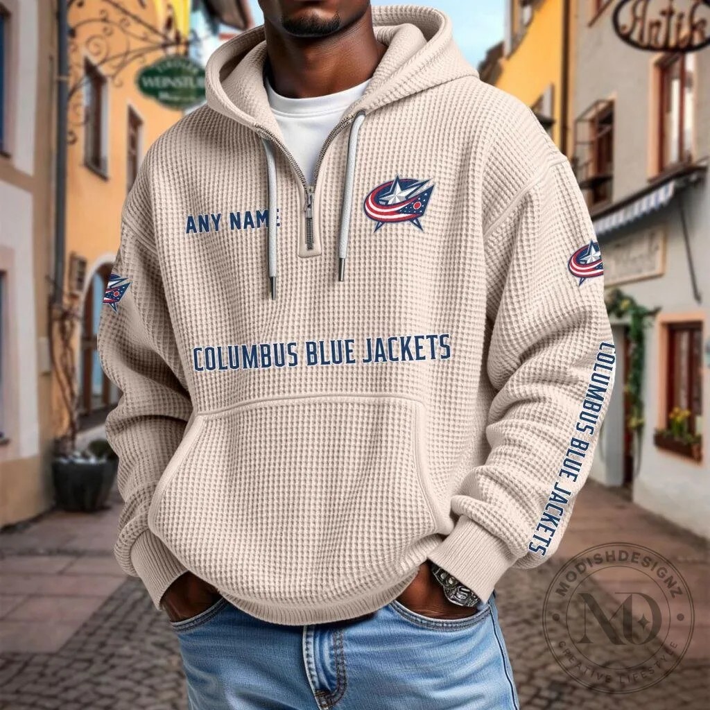 Columbus Blue Jackets Personalized Waffle Knit Quarter Zip Hoodie 20 Columbus Blue Jackets Personalized Waffle Knit Quarter Zip Hoodie