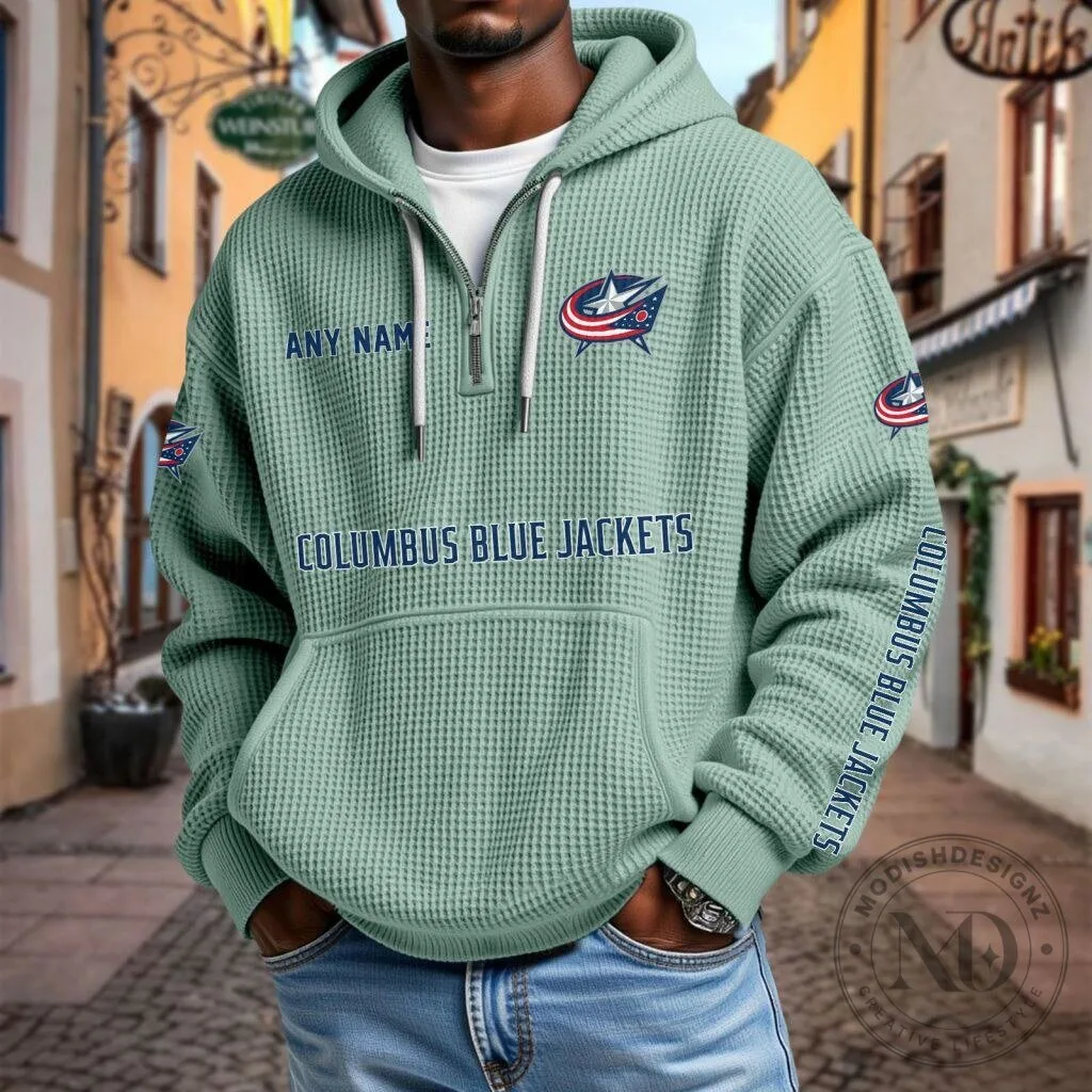 Columbus Blue Jackets Personalized Waffle Knit Quarter Zip Hoodie 22 Columbus Blue Jackets Personalized Waffle Knit Quarter Zip Hoodie