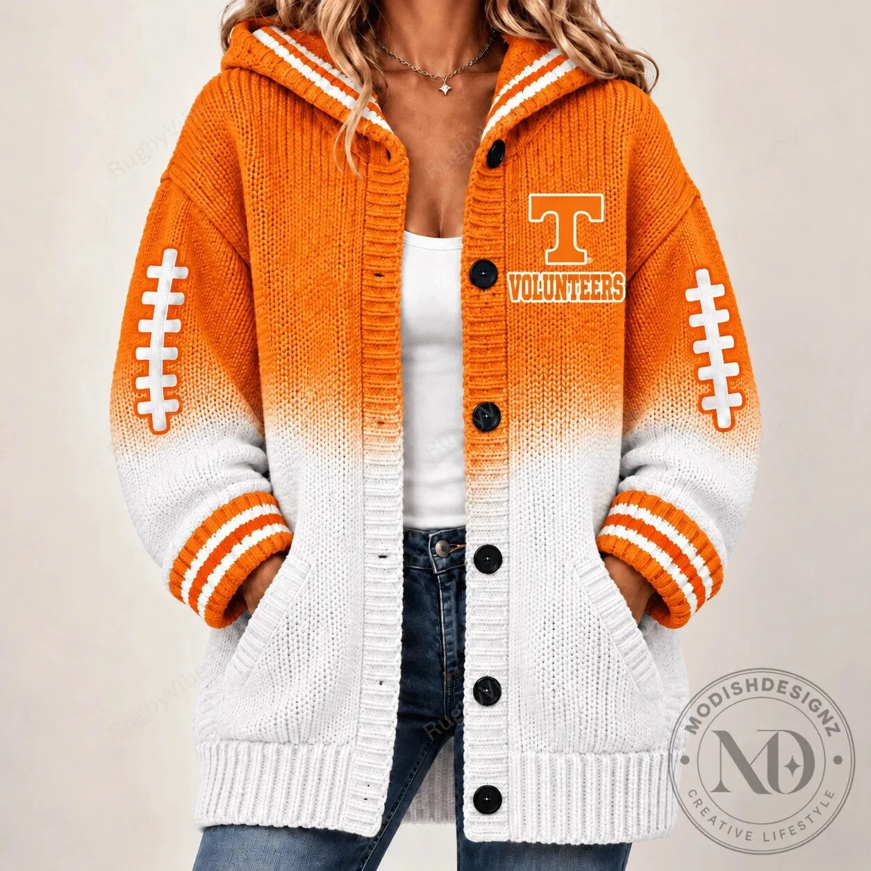 Tennessee Volunteers Football Team Orange White Striped Knit Cardigan Hoodie