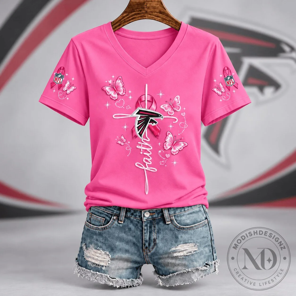 Atlanta Falcons Faith Hope Love Breast Cancer Awareness V-Neck T-Shirt