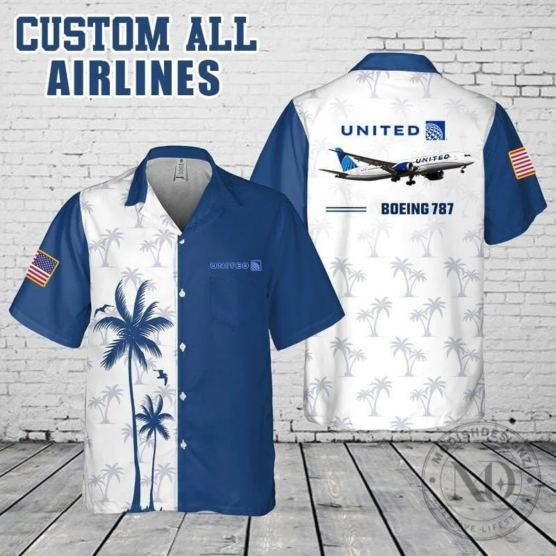 United Airlines Boeing 787 Airplane Palm Tree Hawaiian Shirt