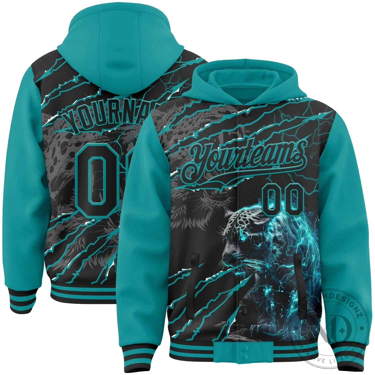 Teal Leopard Lightning Claw Scratch Bomber Jacket with Hoodie and Full-Snap Buttons