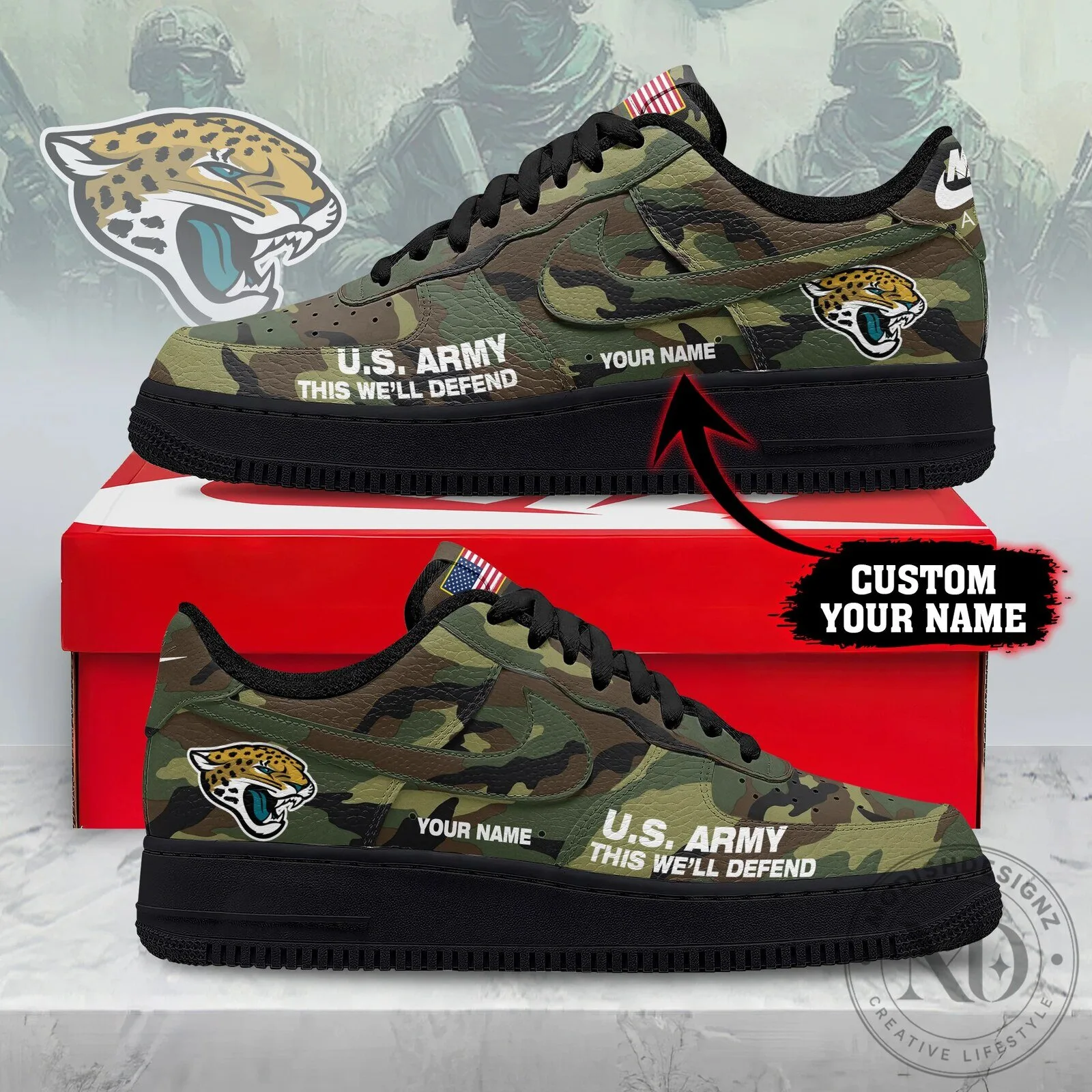 Jacksonville Jaguars United States Army Camouflage Custom Name Sneakers