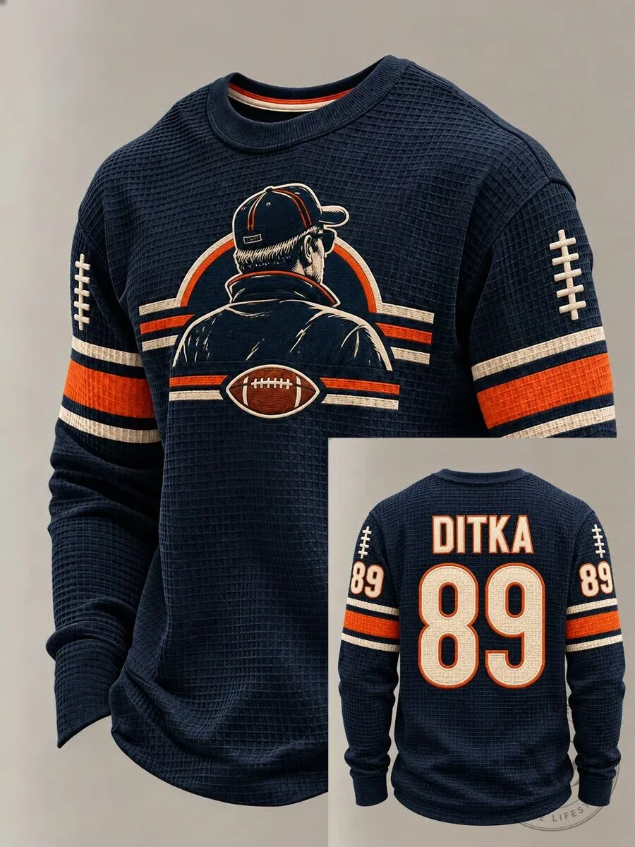 Mike Ditka Chicago Bears Football Coach Navy Blue Waffle Knit Sweatshirt