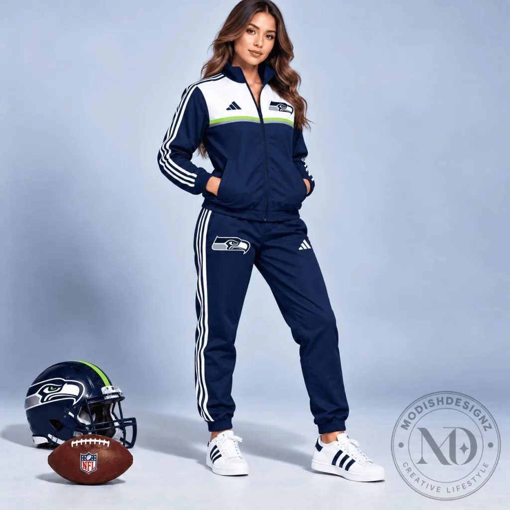Seattle Seahawks Women's Navy Blue White Track Jacket and Pants Set Seattle Seahawks Women's Navy Blue White Track Jacket and Pants Set