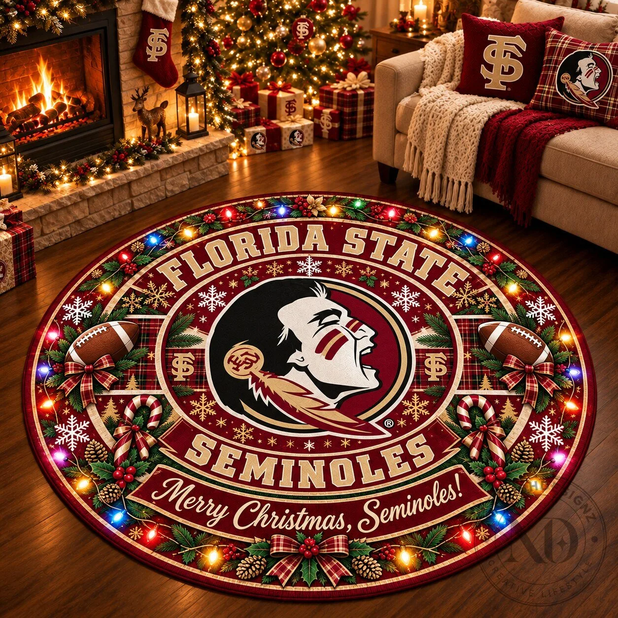Florida State Seminoles Christmas Holiday Round Rug for Festive Home Decor