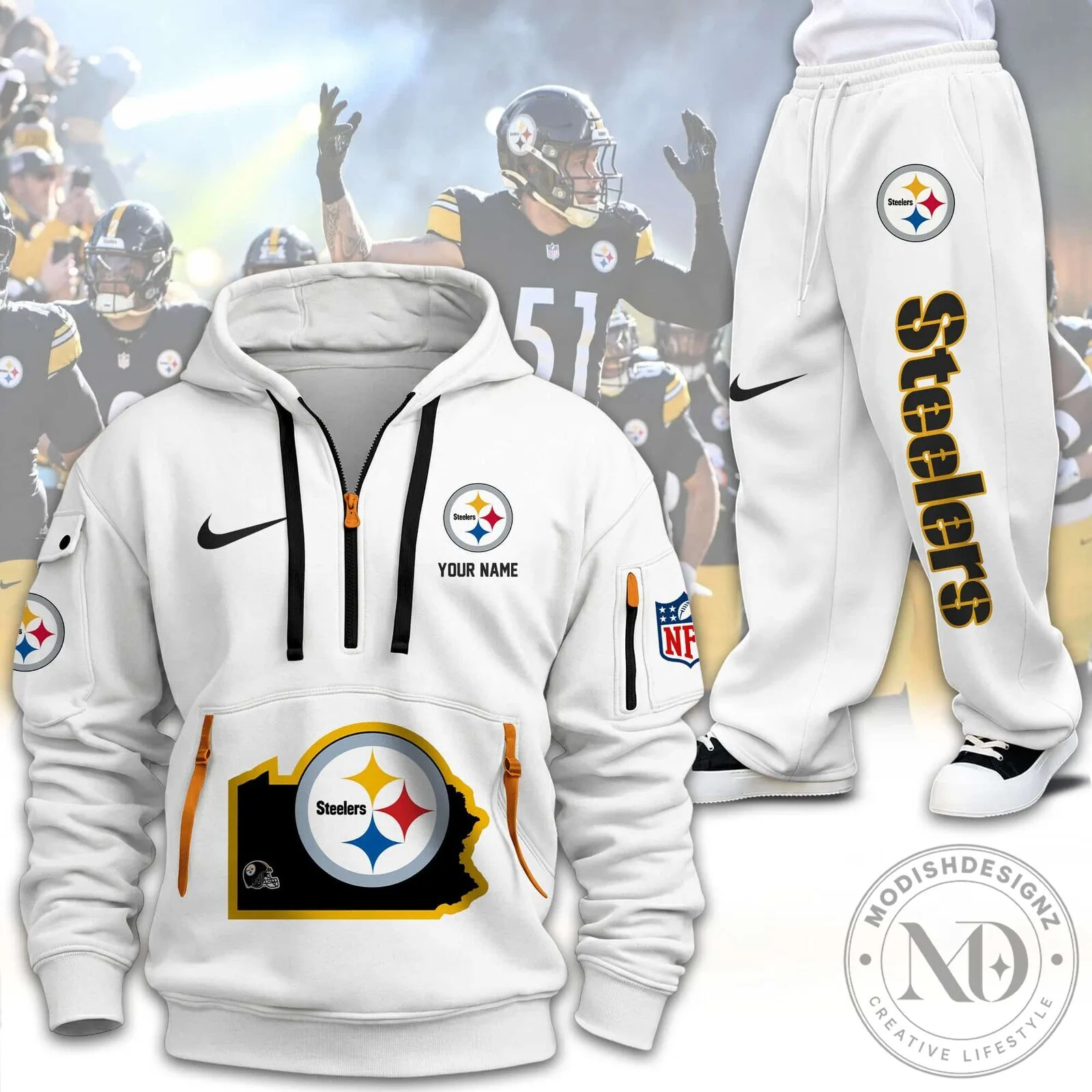 Pittsburgh Steelers NFL Team Logo White Hoodie and Sweatpants Set