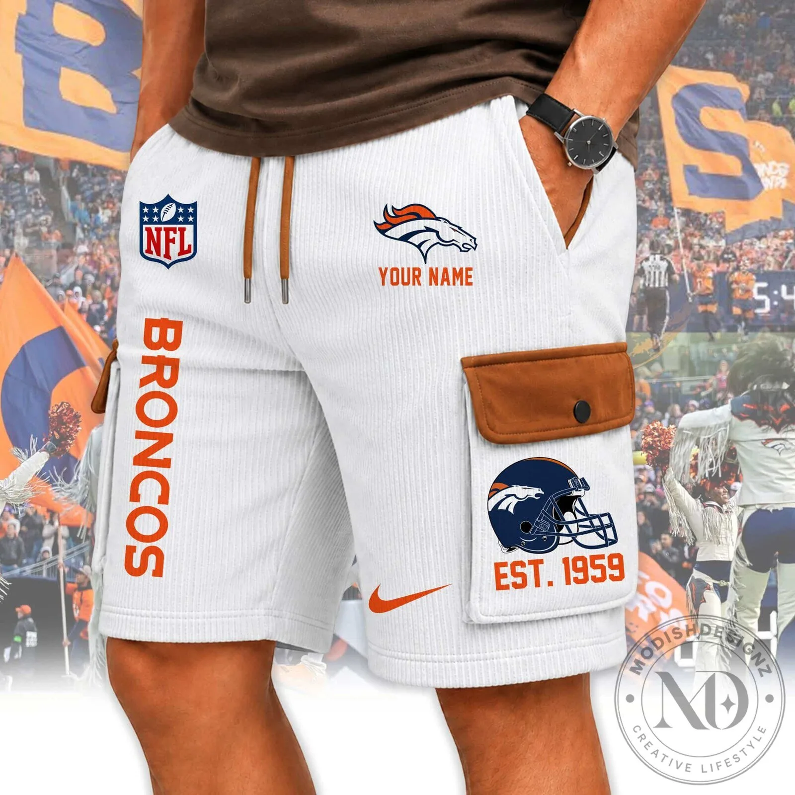 Denver Broncos Football Team Personalized White Cargo Shorts