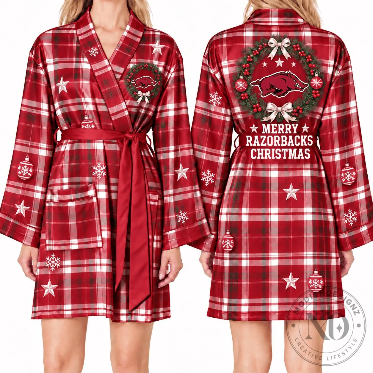 Arkansas Razorbacks Merry Christmas Plaid Holiday Satin Robe