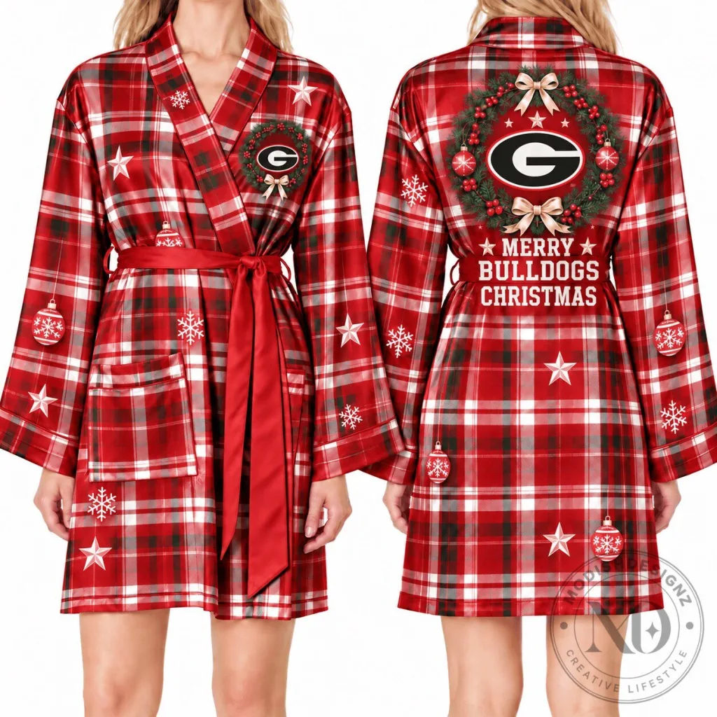 Georgia Bulldogs Christmas Plaid Pattern Satin Robe for Women Georgia Bulldogs Christmas Plaid Pattern Satin Robe for Women
