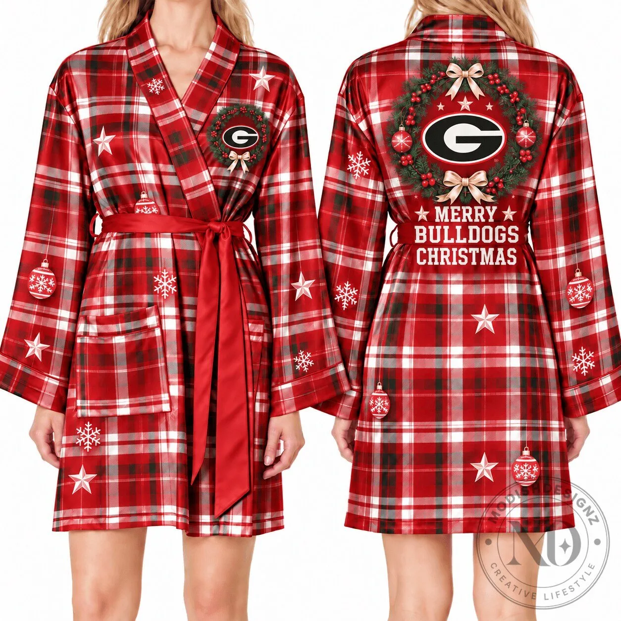 Georgia Bulldogs Christmas Plaid Pattern Satin Robe for Women