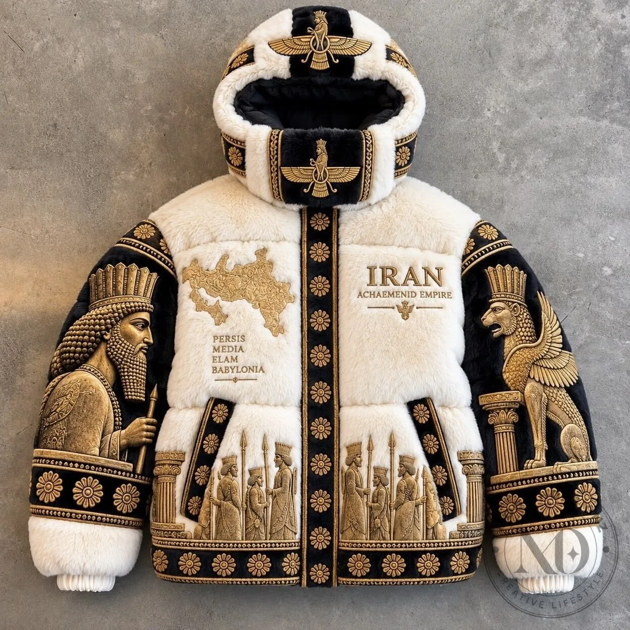 Ancient Persia Achaemenid Empire Map Gold Relief Art Faux Fur Winter Jacket