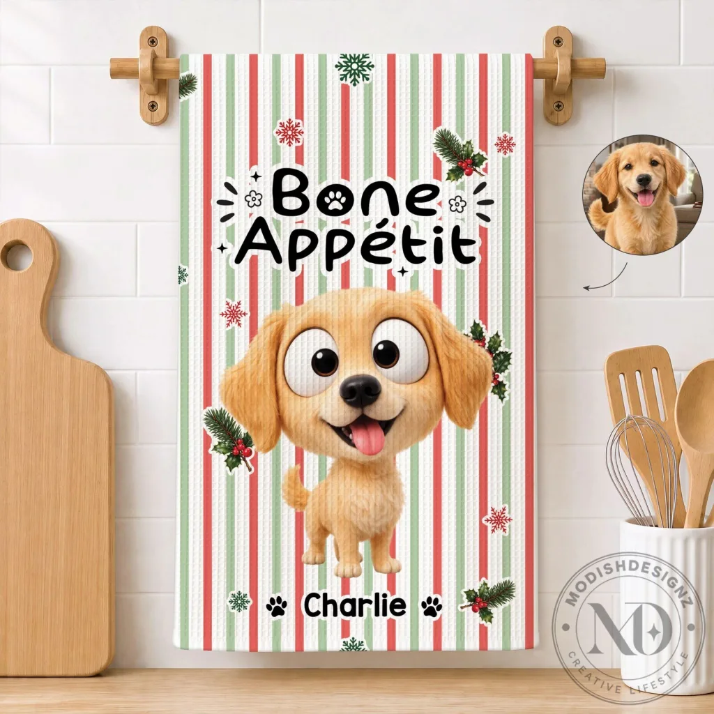 Personalized Cartoon Golden Retriever Dog Bone Appetit Christmas Kitchen Towel Personalized Cartoon Golden Retriever Dog Bone Appetit Christmas Kitchen Towel