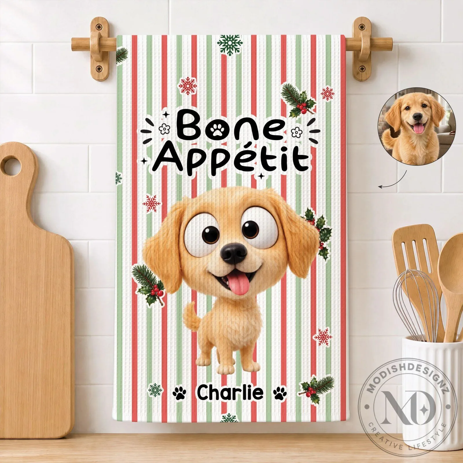 Personalized Cartoon Golden Retriever Dog Bone Appetit Christmas Kitchen Towel
