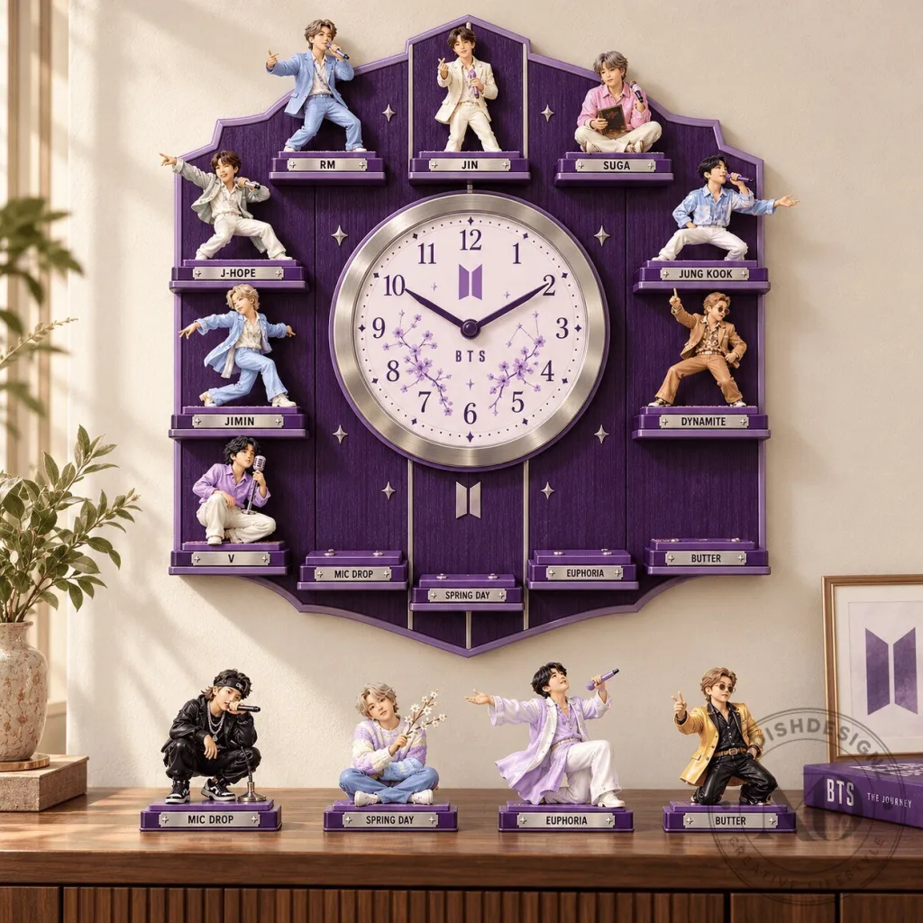BTS K-Pop Band Member Figurines Wall Clock with Song Titles BTS K-Pop Band Member Figurines Wall Clock with Song Titles