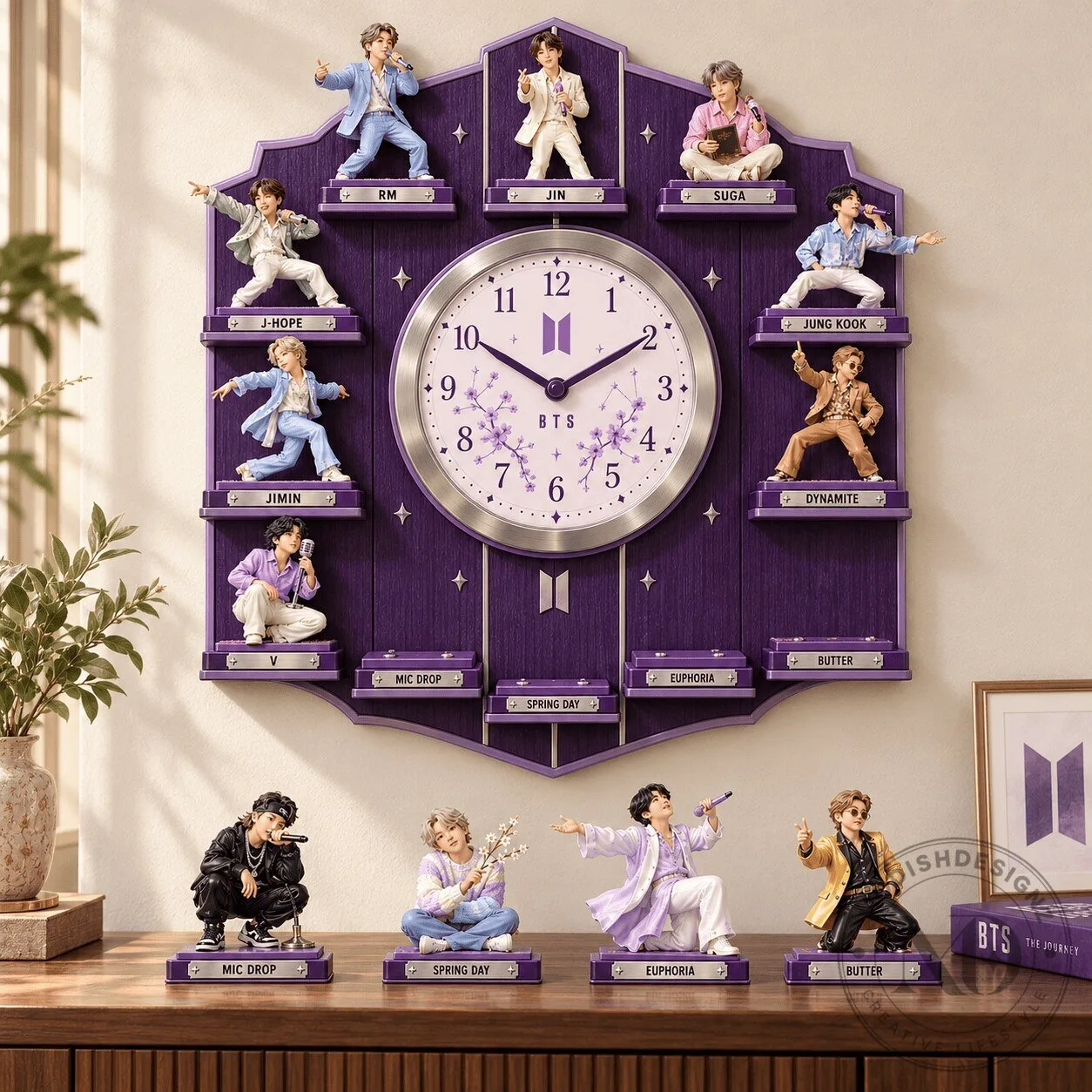 BTS K-Pop Band Member Figurines Wall Clock with Song Titles 1 BTS K-Pop Band Member Figurines Wall Clock with Song Titles